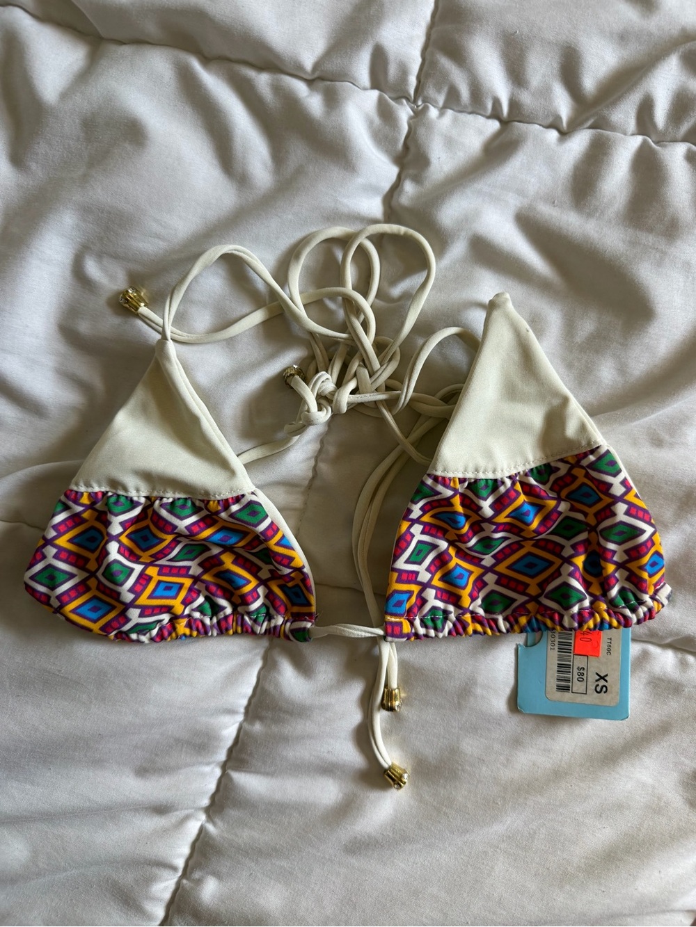 Kaimana Beachwear Triangle Bikini Top with Colorful Geometric Trim - Women’s